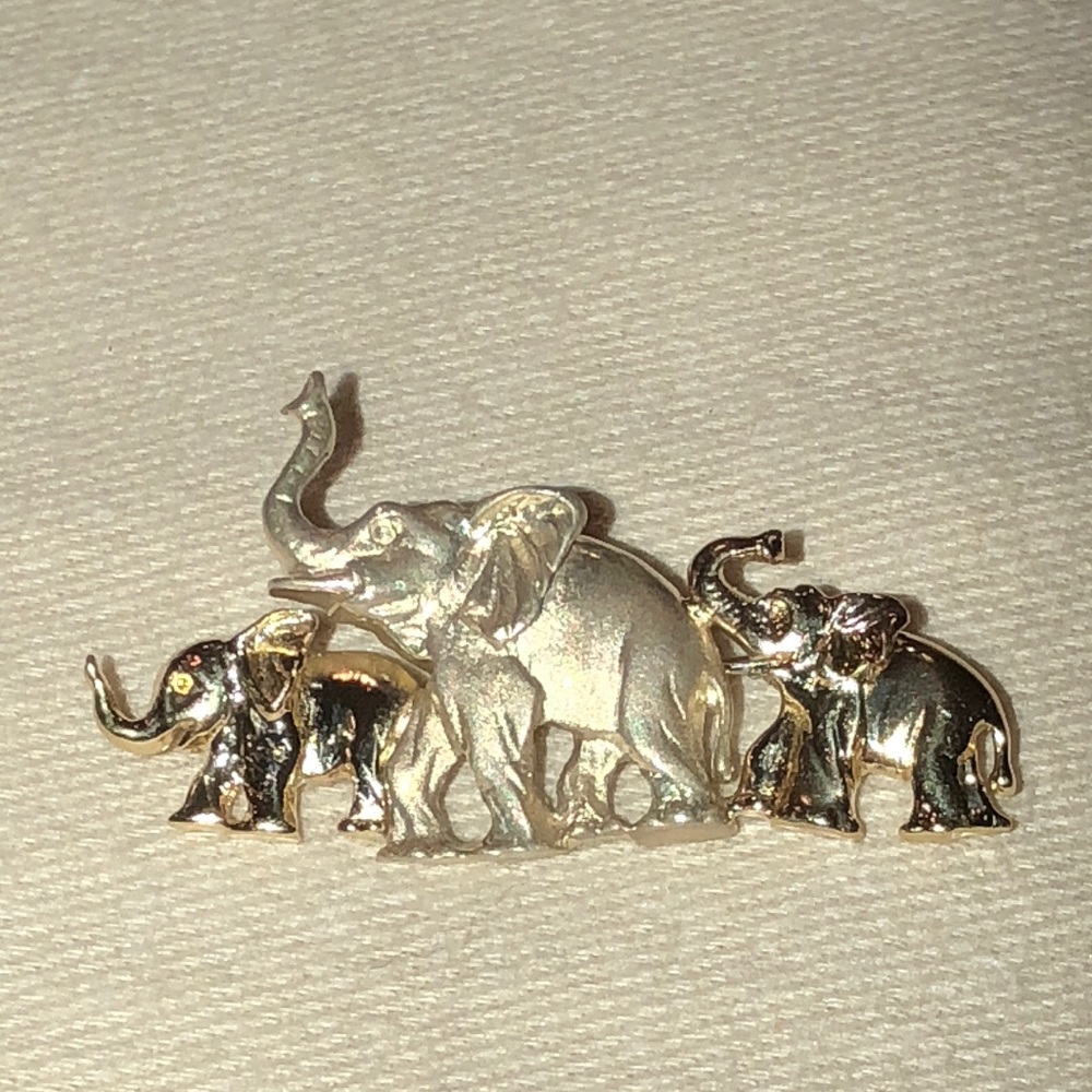 14K Gold & SS 925 Elephants Brooch